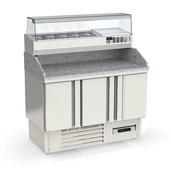 Vaiotec Topline Pizzatisch / 3-fach mit Türen, Extravolumen, Granitplatte grau, inkl. Kühlaufsatz, GN 1/4, 1370 x 700 mm Vaiotec Topline Pizzatisch / 3-fach mit Türen, Extravolumen, Granitplatte grau, inkl. Kühlaufsatz, GN 1/4, 1370 x 700 mm