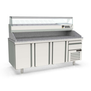 Vaiotec Topline Pizzatisch / 3-fach mit Türen, EN 60x40, Schublade, Granitplatte grau, inkl. Kühlaufsatz, GN 1/4, 2090 x 800 mm