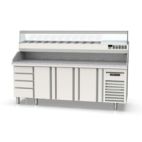Vaiotec Topline Pizzatisch / 4-fach mit 3 Türen, Schubladenblock, Granitplatte grau, inkl. Kühlaufsatz, GN 1/4, 2245 x 700 mm Vaiotec Topline Pizzatisch / 4-fach mit 3 Türen, Schubladenblock, Granitplatte grau, inkl. Kühlaufsatz, GN 1/4, 2245 x 700 mm