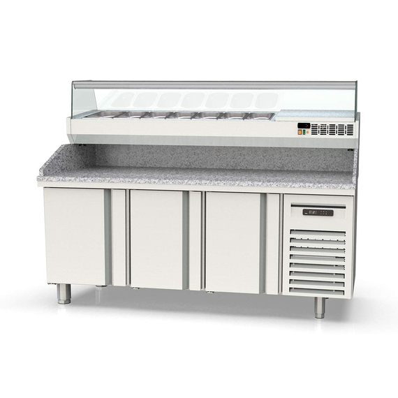 Vaiotec Topline Pizzatisch / 3-fach mit Türen, Granitplatte grau, inkl. Kühlaufsatz, GN 1/4, 2020 x 600 mm Vaiotec Topline Pizzatisch / 3-fach mit Türen, Granitplatte grau, inkl. Kühlaufsatz, GN 1/4, 2020 x 600 mm