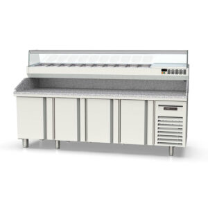 Vaiotec Topline Pizzatisch / 4-fach mit Türen, Granitplatte grau, inkl. Kühlaufsatz, GN 1/4, 2545 x 600 mm