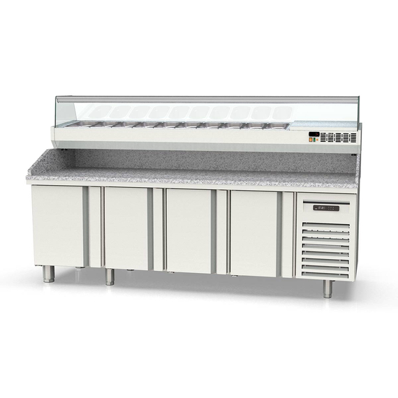 Vaiotec Topline Pizzatisch / 4-fach mit Türen, Granitplatte grau, inkl. Kühlaufsatz, GN 1/4, 2545 x 600 mm Vaiotec Topline Pizzatisch / 4-fach mit Türen, Granitplatte grau, inkl. Kühlaufsatz, GN 1/4, 2545 x 600 mm