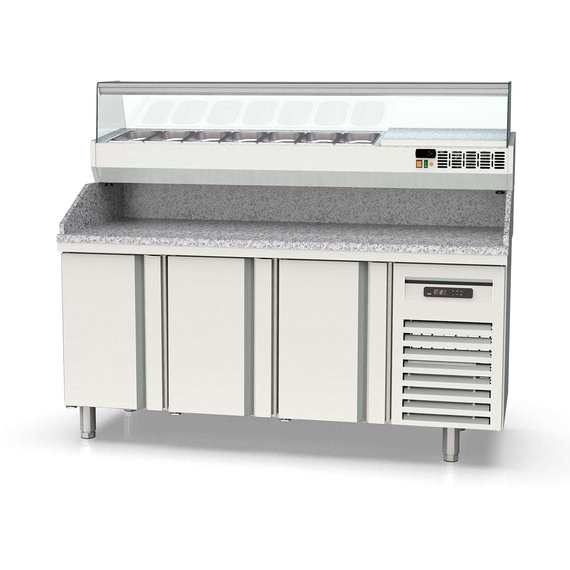 Vaiotec Topline Pizzatisch / 3-fach mit Türen, Granitplatte grau, inkl. Kühlaufsatz, GN 1/4, 1795 x 700 mm Vaiotec Topline Pizzatisch / 3-fach mit Türen, Granitplatte grau, inkl. Kühlaufsatz, GN 1/4, 1795 x 700 mm