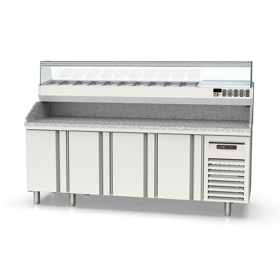 Vaiotec Topline Pizzatisch / 4-fach mit Türen, Granitplatte grau, inkl. Kühlaufsatz, GN 1/4, 2245 x 700 mm Vaiotec Topline Pizzatisch / 4-fach mit Türen, Granitplatte grau, inkl. Kühlaufsatz, GN 1/4, 2245 x 700 mm