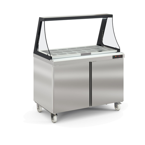 Vaiotec Topline Zubereitungstisch / 2-fach mit Türen, Glasklappdeckel, auf Rollen, GN 1/6, 1228 x 830 mm Vaiotec Topline Zubereitungstisch / 2-fach mit Türen, Glasklappdeckel, auf Rollen, GN 1/6, 1228 x 830 mm