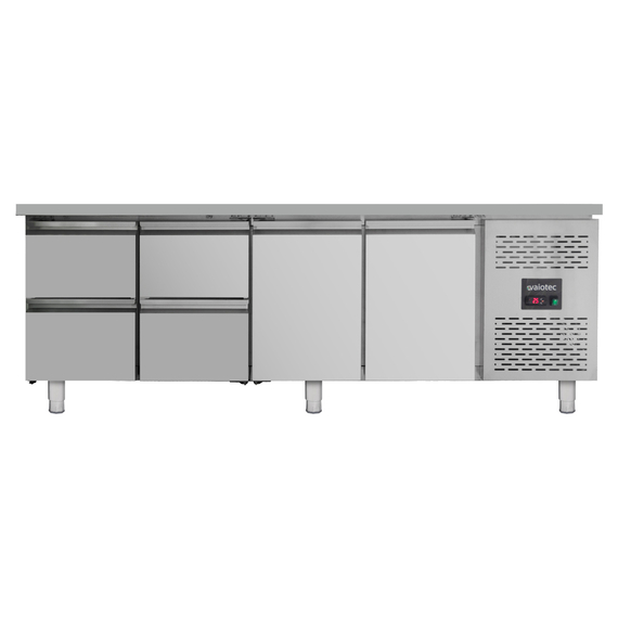 Vaiotec Kühltisch / 2 Türen & 4 Schubladen - Monoblock, 2230 x 700 mm Vaiotec Kühltisch / 2 Türen & 4 Schubladen - Monoblock, 2230 x 700 mm