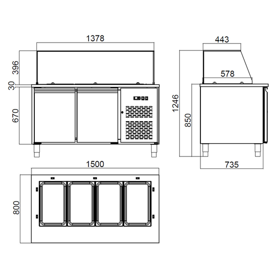 Vaiotec Salattheke / 2-fach mit Türen, Glasaufbau, für 4x GN 1/1 "schwarz", 1500 x 800 mm 5 Vaiotec Salattheke / 2-fach mit Türen, Glasaufbau, für 4x GN 1/1 "schwarz", 1500 x 800 mm