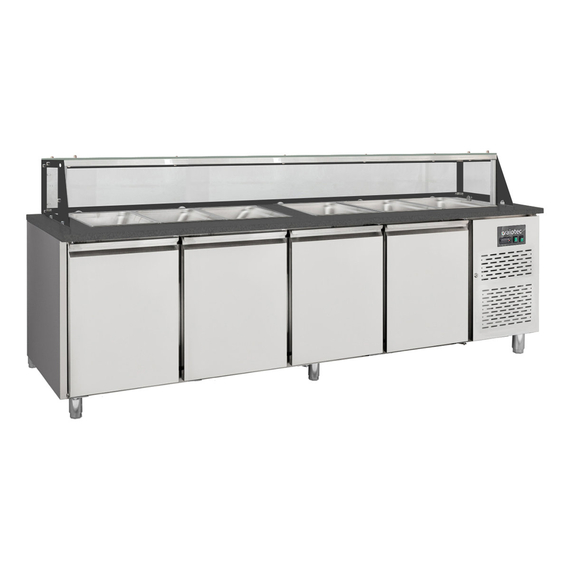 Vaiotec Salattheke / 4-fach mit Türen, Glasaufbau, für 6x GN 1/1 "schwarz", 2500 x 800 mm Vaiotec Salattheke / 4-fach mit Türen, Glasaufbau, für 6x GN 1/1 "schwarz", 2500 x 800 mm