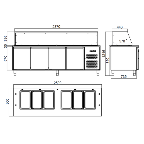 Vaiotec Salattheke / 4-fach mit Türen, Glasaufbau, für 6x GN 1/1 "schwarz", 2500 x 800 mm 5 Vaiotec Salattheke / 4-fach mit Türen, Glasaufbau, für 6x GN 1/1 "schwarz", 2500 x 800 mm