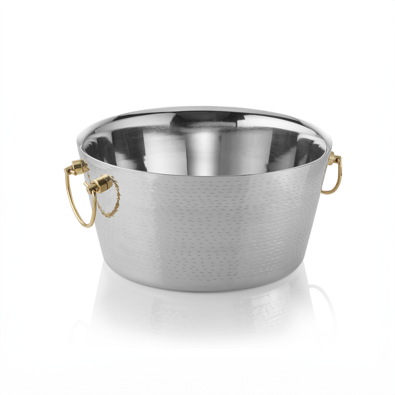 Was Germany Champagnerkühler, mit Messinggriffen, Ø 34 cm, Höhe 17 cm, doppelwandig, gehämmerte Oberfläche, Chromnickelstahl, Messing Was Germany Champagnerkühler, mit Messinggriffen, Ø 34 cm, Höhe 17 cm, doppelwandig, gehämmerte Oberfläche, Chromnickelstahl, Messing