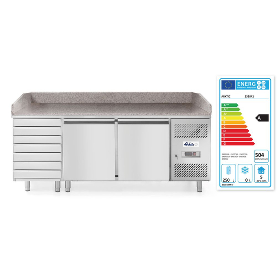Arktic Pizzatisch, zweitürig mit 7 Schubladen 280L, 250L, 230V/250W, 2020x802x(H)1000mm 1 Arktic Pizzatisch, zweitürig mit 7 Schubladen 280L, 250L, 230V/250W, 2020x802x(H)1000mm