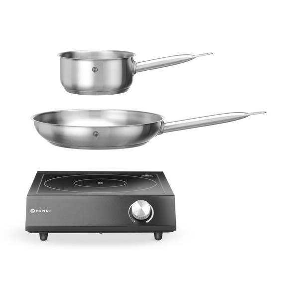 Hendi Set: Induktionskocher 3500W + Stielkasserolle + Bratpfanne, Schwarz, 220-240V/3500W, 320x395x(H)95mm 1 Hendi Set: Induktionskocher 3500W + Stielkasserolle + Bratpfanne, Schwarz, 220-240V/3500W, 320x395x(H)95mm