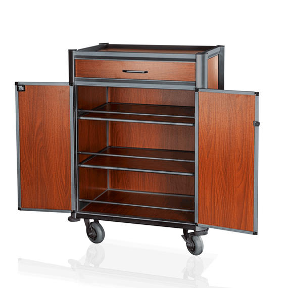 Was Germany Minibar Servicetrolley, 85 x 60 x 135 cm, Holzoptik, dunkle Kanten, Aluminium, MDF Was Germany Minibar Servicetrolley, 85 x 60 x 135 cm, Holzoptik, dunkle Kanten, Aluminium, MDF