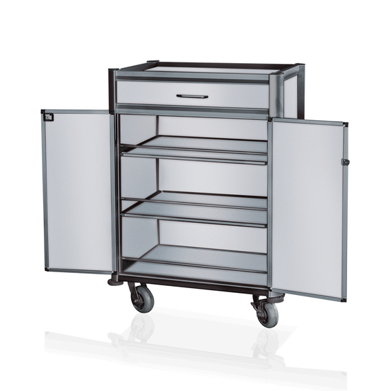 Was Germany Minibar Servicetrolley, 85 x 60 x 135 cm, weiß, dunkle Kanten, Aluminium, MDF Was Germany Minibar Servicetrolley, 85 x 60 x 135 cm, weiß, dunkle Kanten, Aluminium, MDF