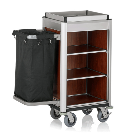 Was Germany Zimmerservicewagen ISABELLA, 95 x 55 x 116 cm, helle Kanten, dunkle Holzoptik, Aluminium, MDF, Polyesterfaserstoff Was Germany Zimmerservicewagen ISABELLA, 95 x 55 x 116 cm, helle Kanten, dunkle Holzoptik, Aluminium, MDF, Polyesterfaserstoff