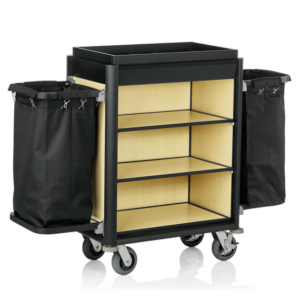 Was Germany Zimmerservicewagen ISABELLA, 155 x 55 x 116 cm, schwarze Kanten, helle Holzoptik, Aluminium, MDF, Polyesterfaserstoff