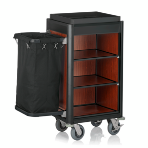 Was Germany Zimmerservicewagen ISABELLA, 95 x 55 x 116 cm, schwarze Kanten, dunkle Holzoptik, Aluminium, MDF, Polyesterfaserstoff