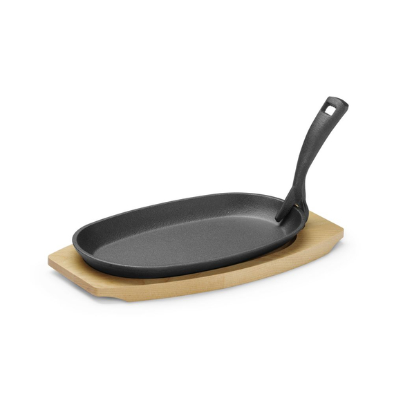 Hendi Gusseisenplatte mit Holzunterlage und Griff, Schwarz, 280x143x(H)33mm, Oval 1 Hendi Gusseisenplatte mit Holzunterlage und Griff, Schwarz, 280x143x(H)33mm, Oval