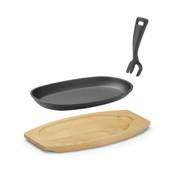 Hendi Gusseisenplatte mit Holzunterlage und Griff, Schwarz, 280x143x(H)33mm, Oval 3 Hendi Gusseisenplatte mit Holzunterlage und Griff, Schwarz, 280x143x(H)33mm, Oval