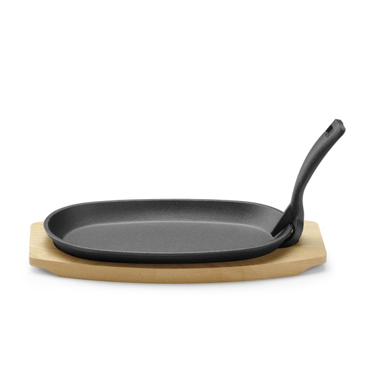 Hendi Gusseisenplatte mit Holzunterlage und Griff, Schwarz, 280x143x(H)33mm, Oval Hendi Gusseisenplatte mit Holzunterlage und Griff, Schwarz, 280x143x(H)33mm, Oval
