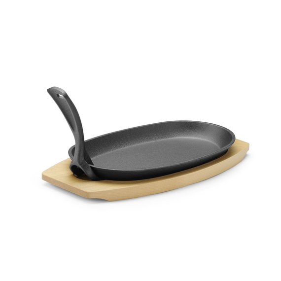 Hendi Gusseisenplatte mit Holzunterlage und Griff, Schwarz, 280x143x(H)33mm, Oval 2 Hendi Gusseisenplatte mit Holzunterlage und Griff, Schwarz, 280x143x(H)33mm, Oval