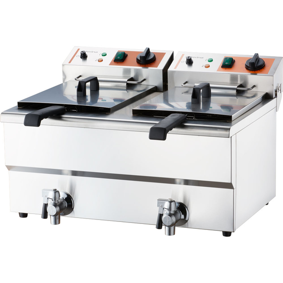 Doppel-Fritteuse CATERINA, 2x 10 Liter, mit Ablasshahn 610x510x390 mm (BxTxH), 2x 3 kW 230V Doppel-Fritteuse CATERINA, 2x 10 Liter, mit Ablasshahn 610x510x390 mm (BxTxH), 2x 3 kW 230V