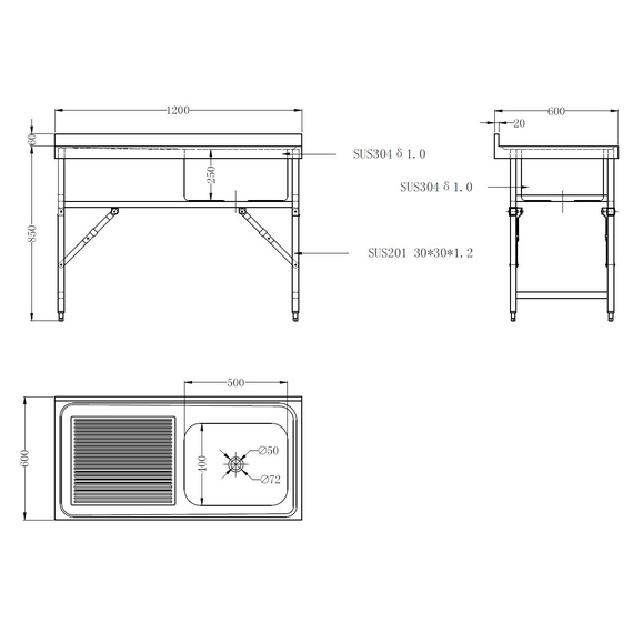 Combisteel 600 Zusammenklappbare Spültisch 1200 1R 1 Combisteel 600 Zusammenklappbare Spültisch 1200 1R