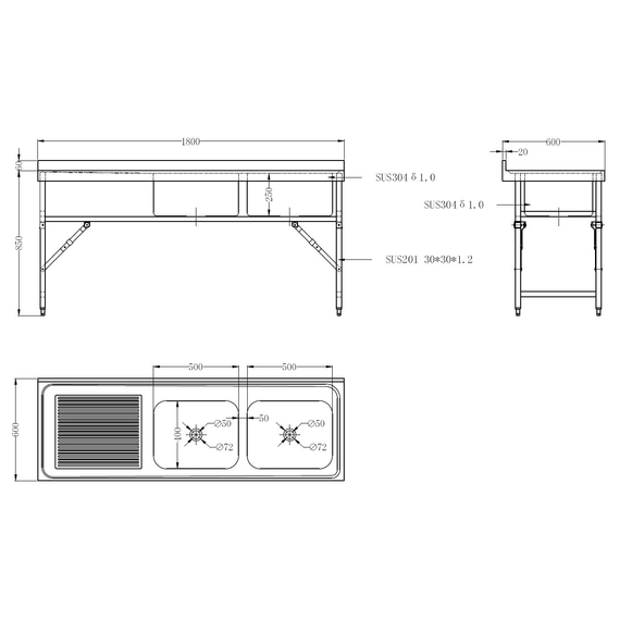 Combisteel 600 Zusammenklappbare Spültisch 1800 2R 1 Combisteel 600 Zusammenklappbare Spültisch 1800 2R