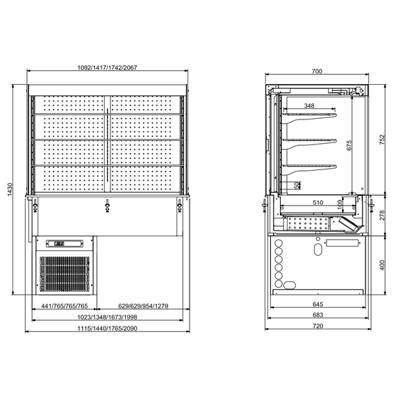 Combisteel Einbau Wandmodell Kühlvitrine Eckig mit Rollvorhang 4/1 Gn 1 Combisteel Einbau Wandmodell Kühlvitrine Eckig mit Rollvorhang 4/1 Gn