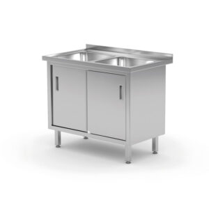 Hendi Tisch mit 2 Spülbecken, Schrank – verschweißt, mit Schiebetüren, Profi Line, 1000x600x(H)850mm