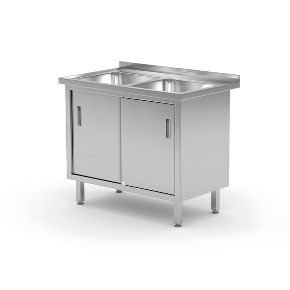 Hendi Tisch mit 2 Spülbecken, Schrank – verschweißt, mit Schiebetüren, Profi Line, 1000x600x(H)850mm Hendi Tisch mit 2 Spülbecken, Schrank – verschweißt, mit Schiebetüren, Profi Line, 1000x600x(H)850mm