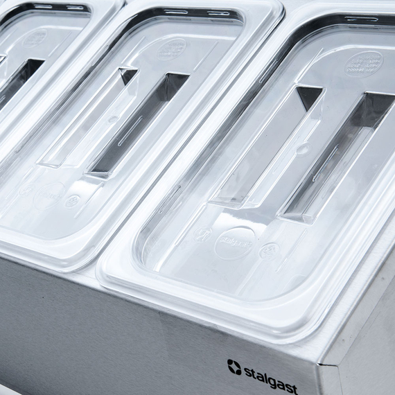 Edelstahl Ständer für Gastronormbehälter - 5 x GN 1/4 (150 mm) 1 Edelstahl Ständer für Gastronormbehälter - 5 x GN 1/4 (150 mm)