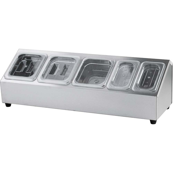 Edelstahl Ständer für Gastronormbehälter - 3 x GN 1/6 (150 mm) und 2 x GN 1/9 (150 mm) Edelstahl Ständer für Gastronormbehälter - 3 x GN 1/6 (150 mm) und 2 x GN 1/9 (150 mm)