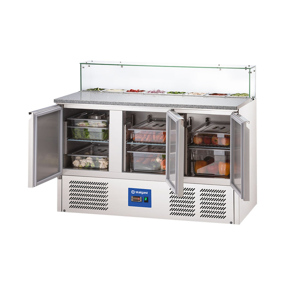 Starline Pizzatisch mit Glasabdeckung, 3-türig, GN 1/1, Aufnahme 8x GN 1/6, 1365x700x1090 mm (BxTxH) 1 Starline Pizzatisch mit Glasabdeckung, 3-türig, GN 1/1, Aufnahme 8x GN 1/6, 1365x700x1090 mm (BxTxH)