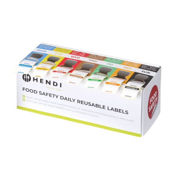Hendi Set Lebensmittelsicherheitsetiketten, mehrfach verwendbar, leicht herausnehmbar, mit Spender, 240x80x(H)100mm Hendi Set Lebensmittelsicherheitsetiketten, mehrfach verwendbar, leicht herausnehmbar, mit Spender, 240x80x(H)100mm