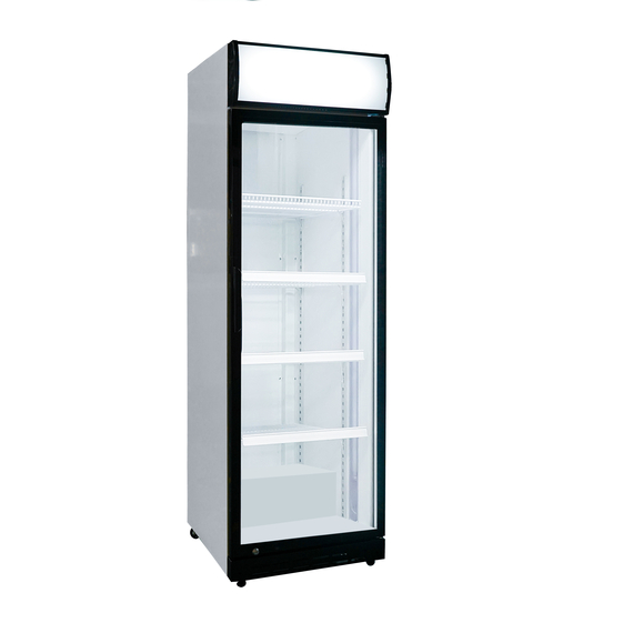 Glastür-Kühlschrank mit Werbedisplay, eine Flügeltür, 577x605x1978 (BxTxH) Glastür-Kühlschrank mit Werbedisplay, eine Flügeltür, 577x605x1978 (BxTxH)