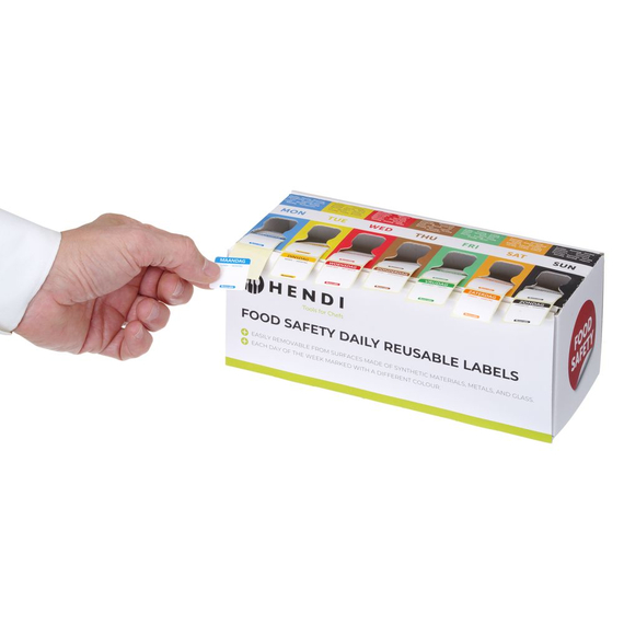 Hendi Set Lebensmittelsicherheitsetiketten, mehrfach verwendbar, leicht herausnehmbar, mit Spender, 240x80x(H)100mm 1 Hendi Set Lebensmittelsicherheitsetiketten, mehrfach verwendbar, leicht herausnehmbar, mit Spender, 240x80x(H)100mm