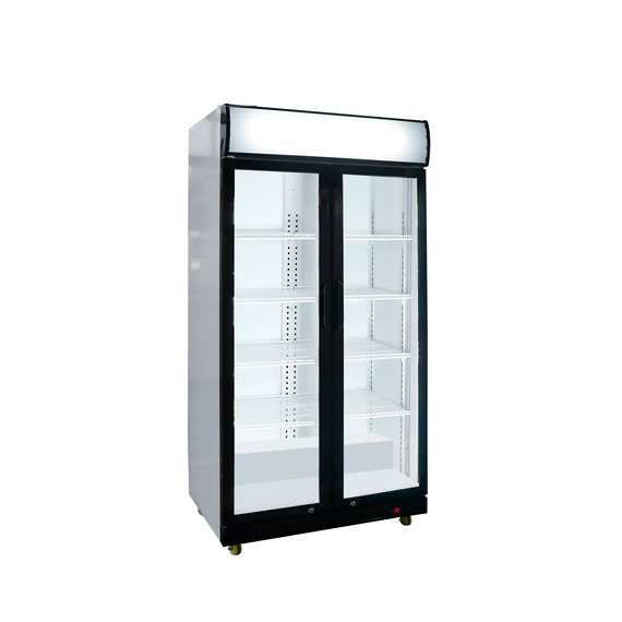 Glastür-Kühlschrank mit Werbedisplay, zwei Flügeltüren, 870x605x1996 (BxTxH) Glastür-Kühlschrank mit Werbedisplay, zwei Flügeltüren, 870x605x1996 (BxTxH)
