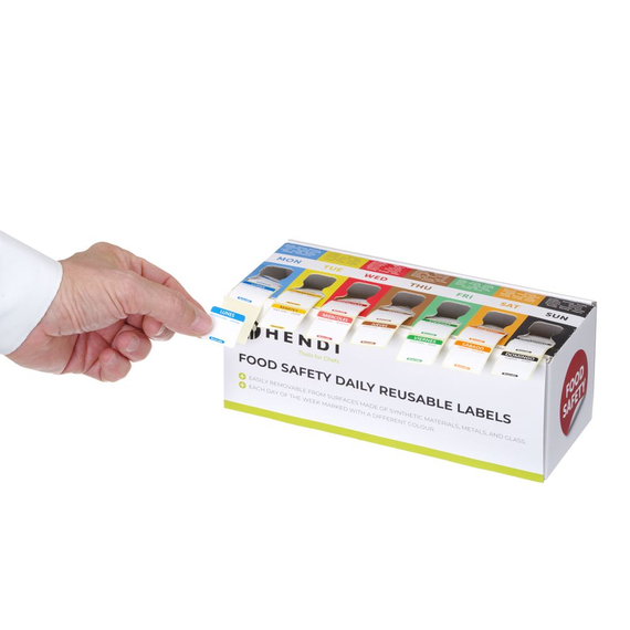 Hendi Satz Lebensmittelsicherheitsetiketten, mehrfach verwendbar, leicht herausnehmbar, mit Spender, 240x80x(H)100mm 1 Hendi Satz Lebensmittelsicherheitsetiketten, mehrfach verwendbar, leicht herausnehmbar, mit Spender, 240x80x(H)100mm