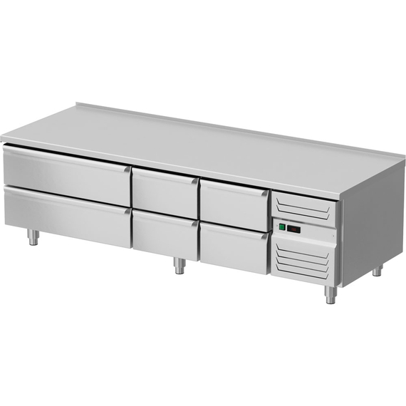 Unterbaukühltisch mit sechs Schubladen, GN1/1 und GN 2/1, 2000x700x600 mm (BxTxH) Unterbaukühltisch mit sechs Schubladen, GN1/1 und GN 2/1, 2000x700x600 mm (BxTxH)