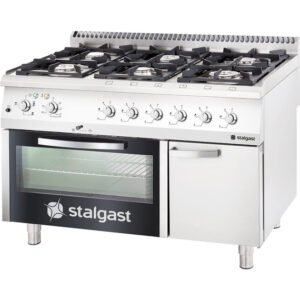 Stalgast Edelstahl Gasherd mit 6 Brennern (3,5+2x5+2x7+9), Gas-Backofen GN2/1 und Unterschrank, Serie 700 ND