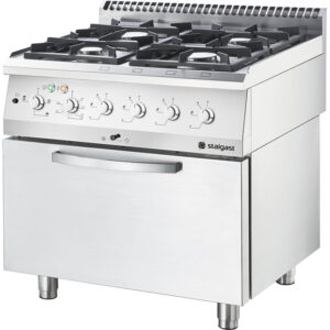 Stalgast Edelstahl Gasherd Basic mit 4 Brennern (4x3,5) und Elektro-Umluft-Backofen GN 2/1, Serie 700 ND