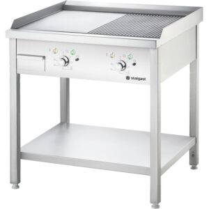 Stalgast Elektro-Griddleplatte als Standgerät - ½ glatt / ½ gerillt, Unterbau offen, 800 x 700 x 850 mm (BxTxH)