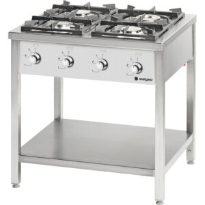 Stalgast Edelstahl Gasherd Serie 900, 4-Brenner (3,5+5+2x7), 22,5 kW, G20, 900x900x850 mm (BxTxH)