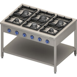 Stalgast Edelstahl Gasherd Serie 900, 6-Brenner (3,5+3x5+2x7), 32,5 kW, G20, 1300x900x850 mm (BxTxH)