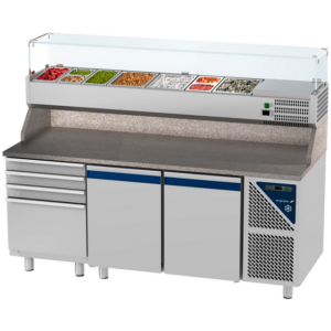 Prismafood Kühltisch 2 Türen & 4er Schubladenblock & Schaukasten GN 1/4 Kapazität: 606 lt Temperatur: 0°C/+10°C