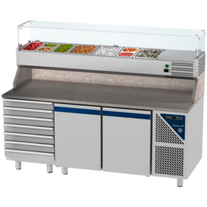 Prismafood Kühltisch 2 Türen & 7er Schubladenblock & Schaukasten GN 1/4 Kapazität: 606 lt Temperatur: 0°C/+10°C