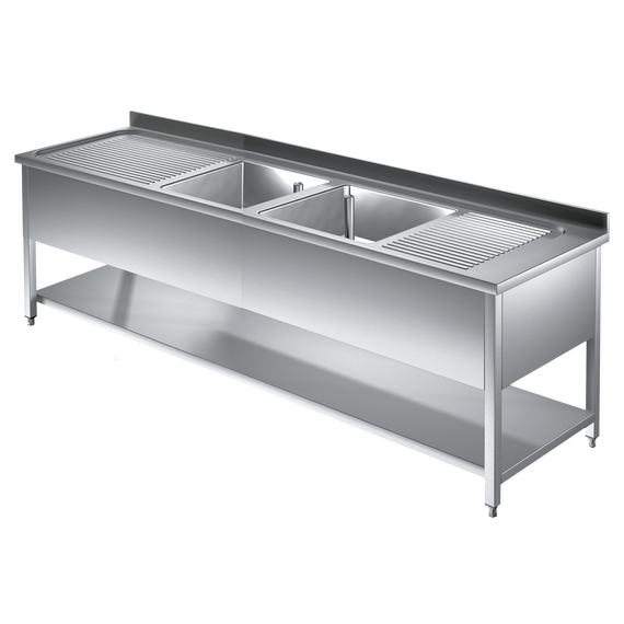 Prismafood Spültisch mit Grundboden 1,8m - 2 Becken mittig L50xB50xT30cm STD Prismafood Spültisch mit Grundboden 1,8m - 2 Becken mittig L50xB50xT30cm STD