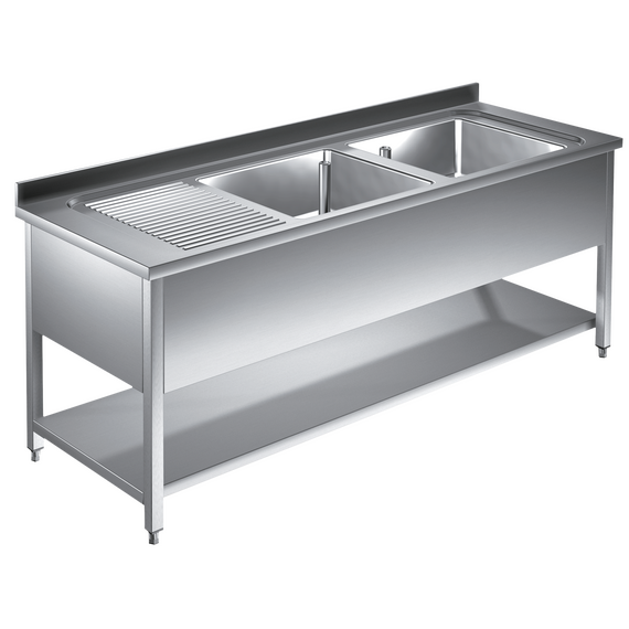 Prismafood Spültisch mit Grundboden 1,8m - 2 Becken rechts L50xB50xT30cm STD Prismafood Spültisch mit Grundboden 1,8m - 2 Becken rechts L50xB50xT30cm STD