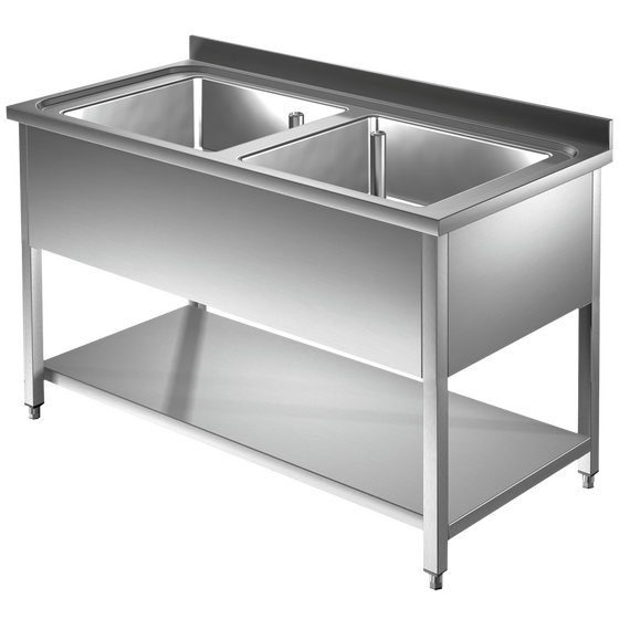 Prismafood Spültisch mit Grundboden 1,4m - 2 Becken mittig L50xB40xT25cm STD Prismafood Spültisch mit Grundboden 1,4m - 2 Becken mittig L50xB40xT25cm STD